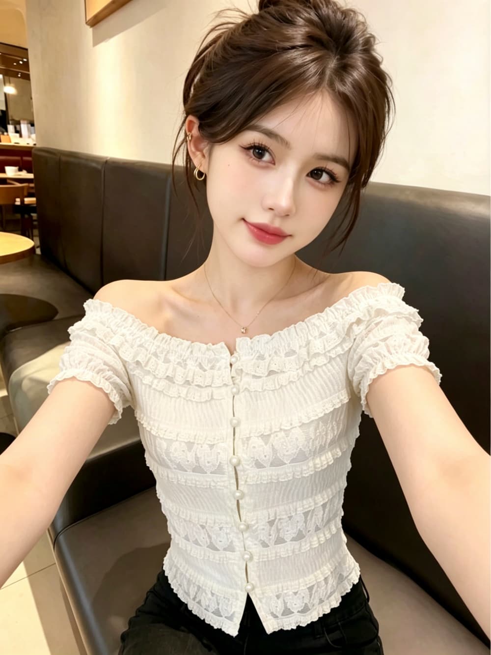 실사 프랑스식 부드러운 오프숄더 레이스 반팔 티셔츠 여성 프릴 허리 수축 여름 쇼트 스타일 오프숄더 맨위 상세 이미지 7