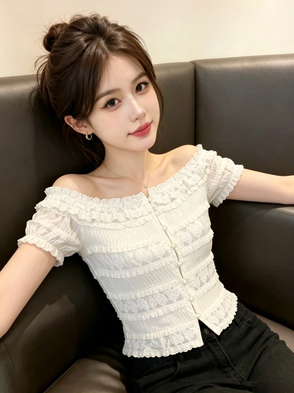 실사 프랑스식 부드러운 오프숄더 레이스 반팔 티셔츠 여성 프릴 허리 수축 여름 쇼트 스타일 오프숄더 맨위 상세 이미지 8