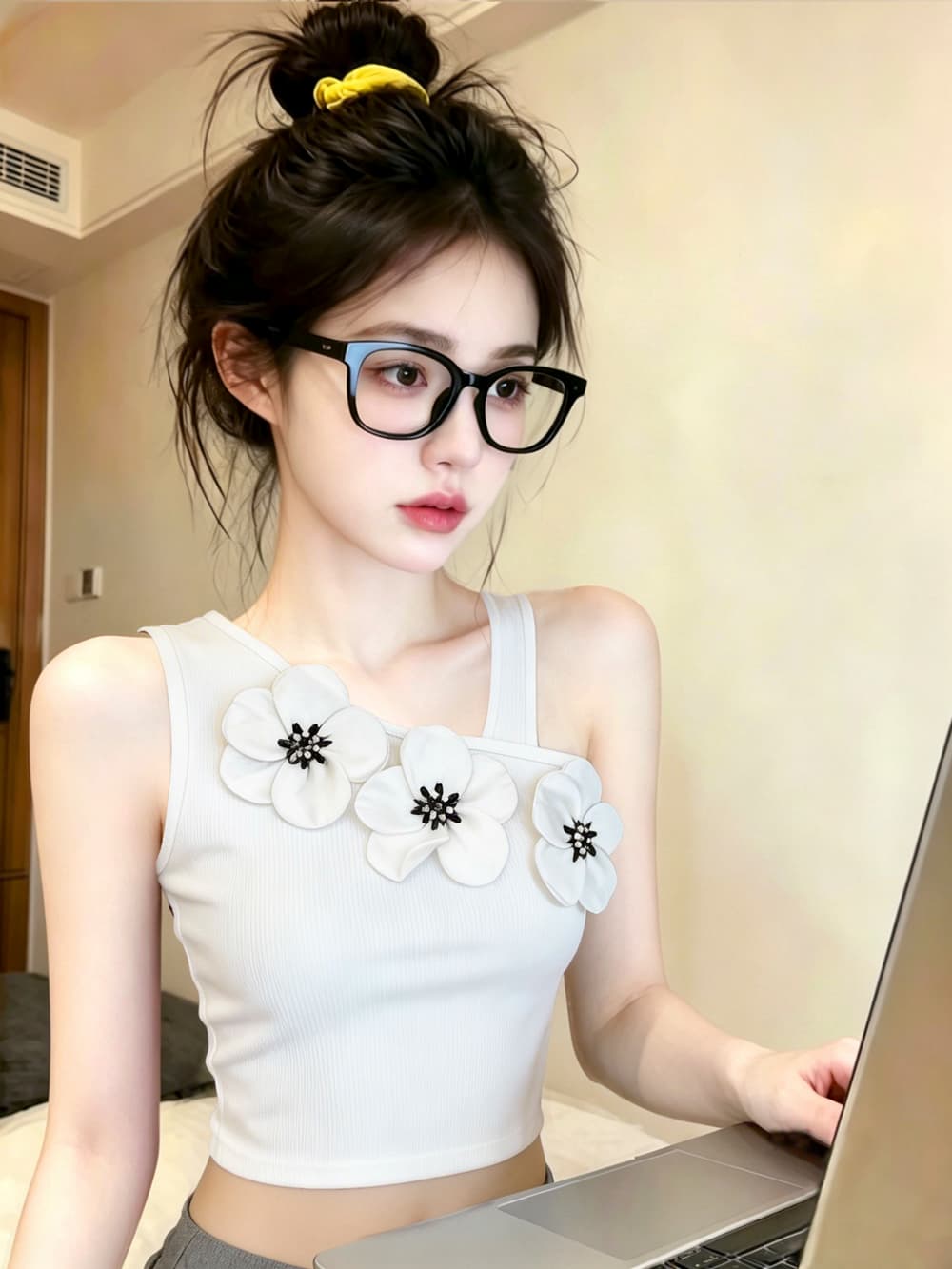 실사 섹시함 작은 심장 기계 슬림해 보이는 캐미솔 불규칙 레트로 3 차원 꽃 오프숄더 켜기 벨트 가슴 패드 상세 이미지 1