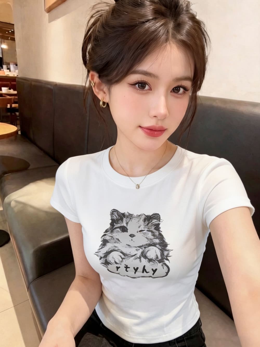 실사 핫걸 아메리칸 새끼 고양이 프린트 반팔 티셔츠 여름 허리 수축 디스플레이 얇고 작은 날다 소매 맨위 이미지 2