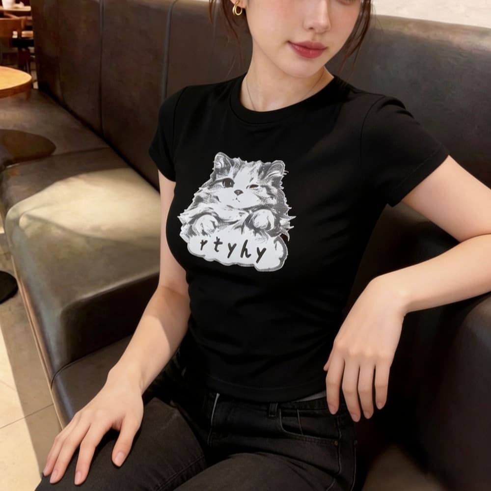 실사 핫걸 아메리칸 새끼 고양이 프린트 반팔 티셔츠 여름 허리 수축 디스플레이 얇고 작은 날다 소매 맨위 이미지 5