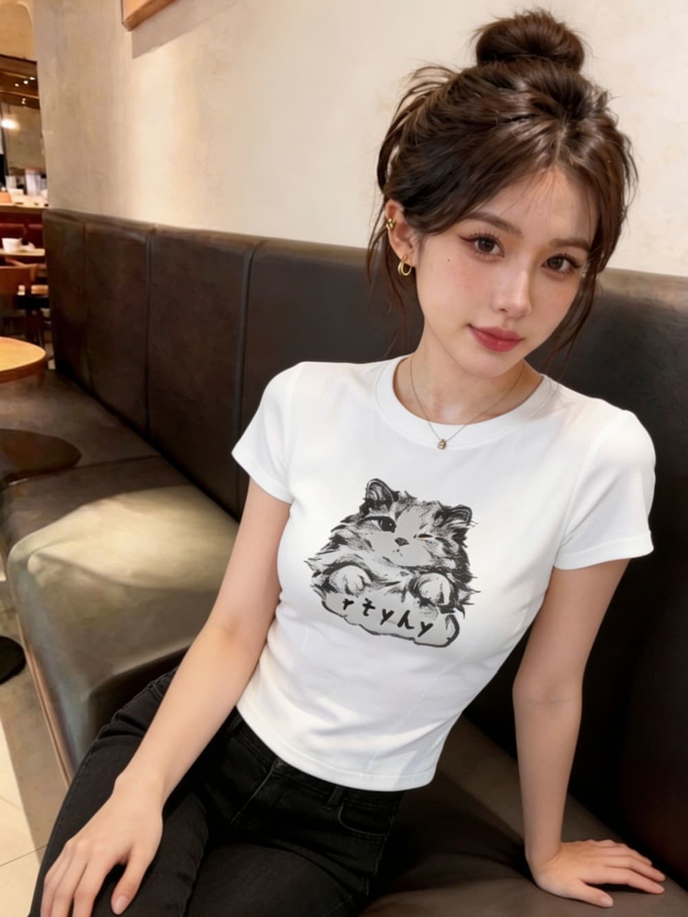 실사 핫걸 아메리칸 새끼 고양이 프린트 반팔 티셔츠 여름 허리 수축 디스플레이 얇고 작은 날다 소매 맨위 상세 이미지 2