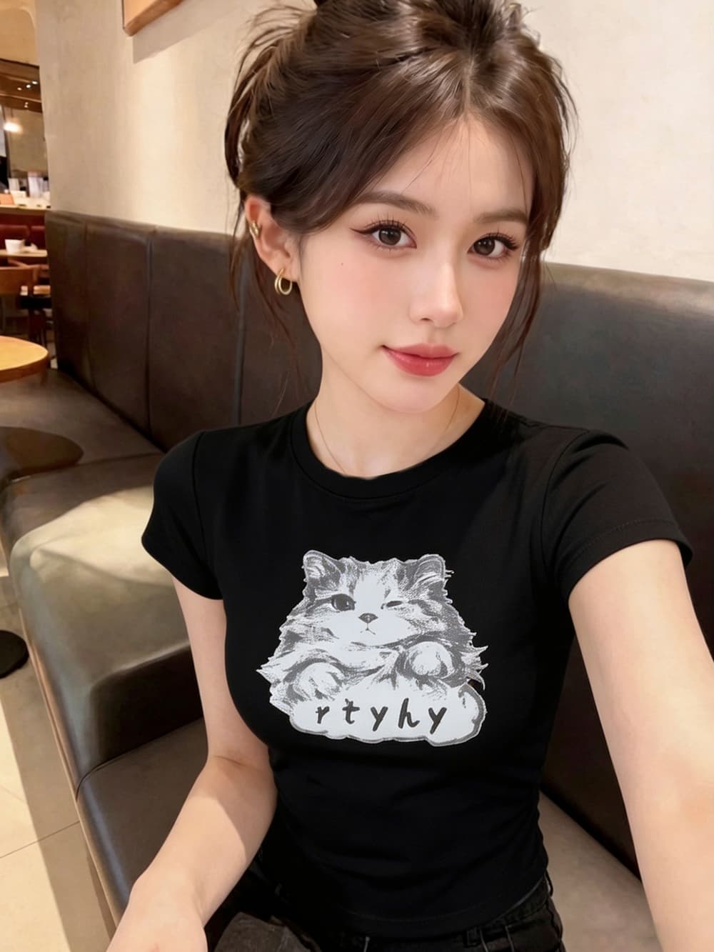 실사 핫걸 아메리칸 새끼 고양이 프린트 반팔 티셔츠 여름 허리 수축 디스플레이 얇고 작은 날다 소매 맨위 상세 이미지 7