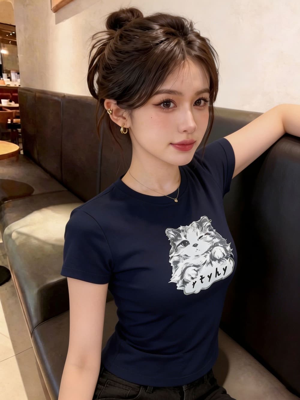 실사 핫걸 아메리칸 새끼 고양이 프린트 반팔 티셔츠 여름 허리 수축 디스플레이 얇고 작은 날다 소매 맨위 상세 이미지 23