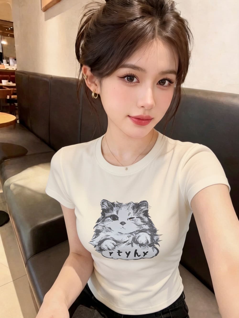실사 핫걸 아메리칸 새끼 고양이 프린트 반팔 티셔츠 여름 허리 수축 디스플레이 얇고 작은 날다 소매 맨위 상세 이미지 26