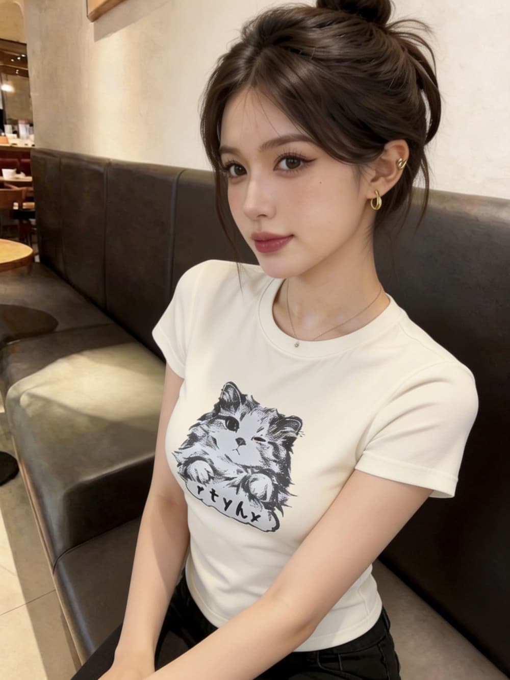 실사 핫걸 아메리칸 새끼 고양이 프린트 반팔 티셔츠 여름 허리 수축 디스플레이 얇고 작은 날다 소매 맨위 상세 이미지 30