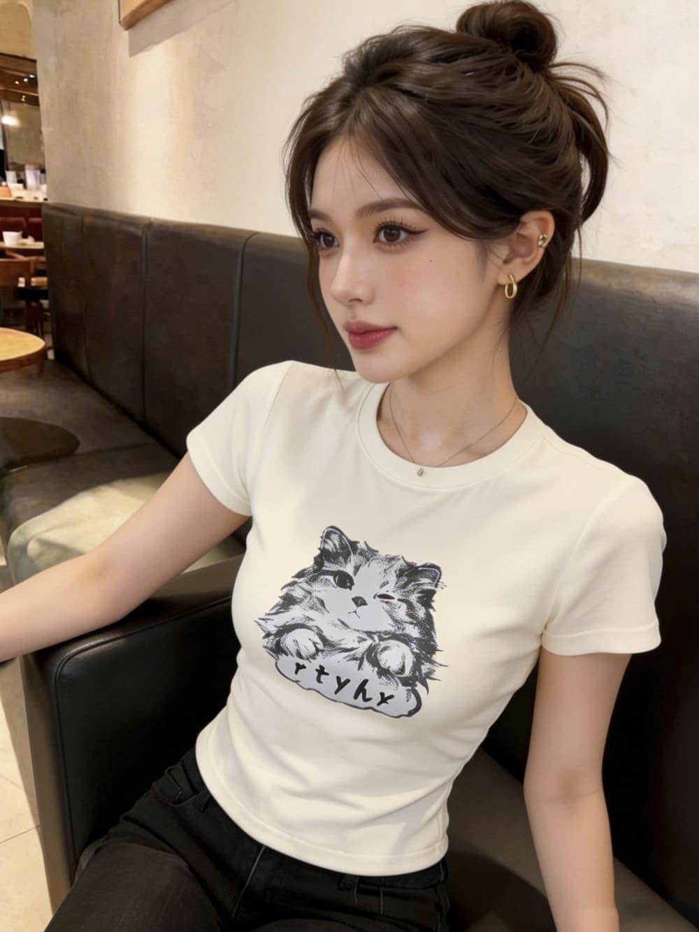 실사 핫걸 아메리칸 새끼 고양이 프린트 반팔 티셔츠 여름 허리 수축 디스플레이 얇고 작은 날다 소매 맨위 상세 이미지 31