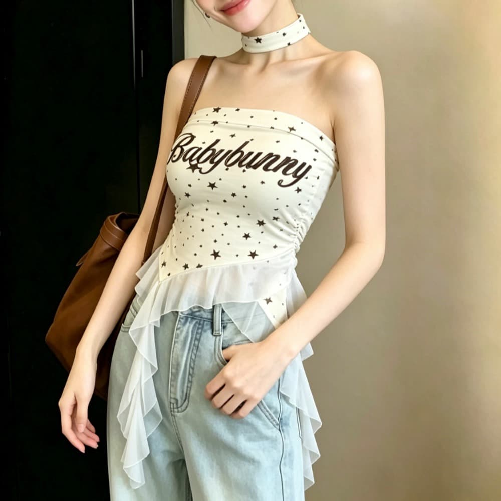 실사 달콤한 핫걸 오각형 별 알파벳 프린트 포장 가슴 벨트 가슴 패드 불규칙 리본 튜브탑 민소매 맨위 여성 이미지 5