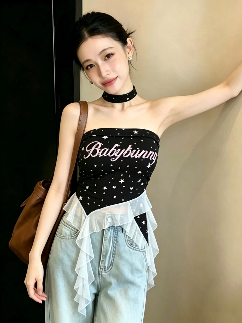 실사 달콤한 핫걸 오각형 별 알파벳 프린트 포장 가슴 벨트 가슴 패드 불규칙 리본 튜브탑 민소매 맨위 여성 상세 이미지 3