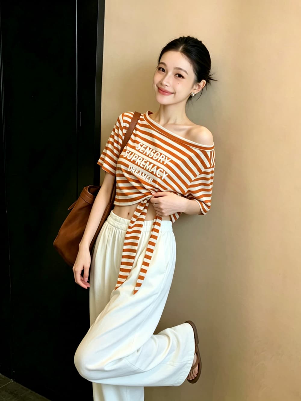 실사 여름 새로운 한국 스타일 보트넥 알파벳 프린트 스트라이프 스트랩 반팔 티셔츠 슬림해 보이는 자외선 차단 맨위 여성 상세 이미지 12