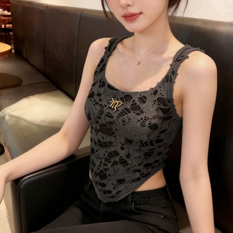 실사 불모지 사막 바람 찢어진 부분 후드 행침 목 조끼 불규칙 밑단 민소매 핫걸 맨위 여성 이미지 5