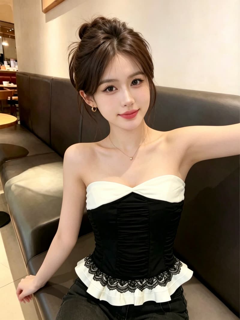 실사 순수한 욕망 아름다운 배색 레이스 조각 튜브탑 조끼 여성 여름 Chic 섹시함 오프숄더 허리 수축 맨위 상세 이미지 2