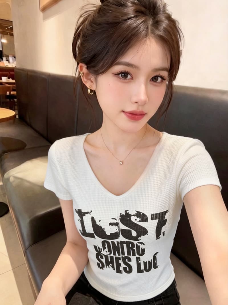 실사 2026 봄 여름 새로운 한국 스타일 V넥 반팔 티셔츠 여성 핫걸 레트로 알파벳 프린트 슬림해 보이는 맨위 여성