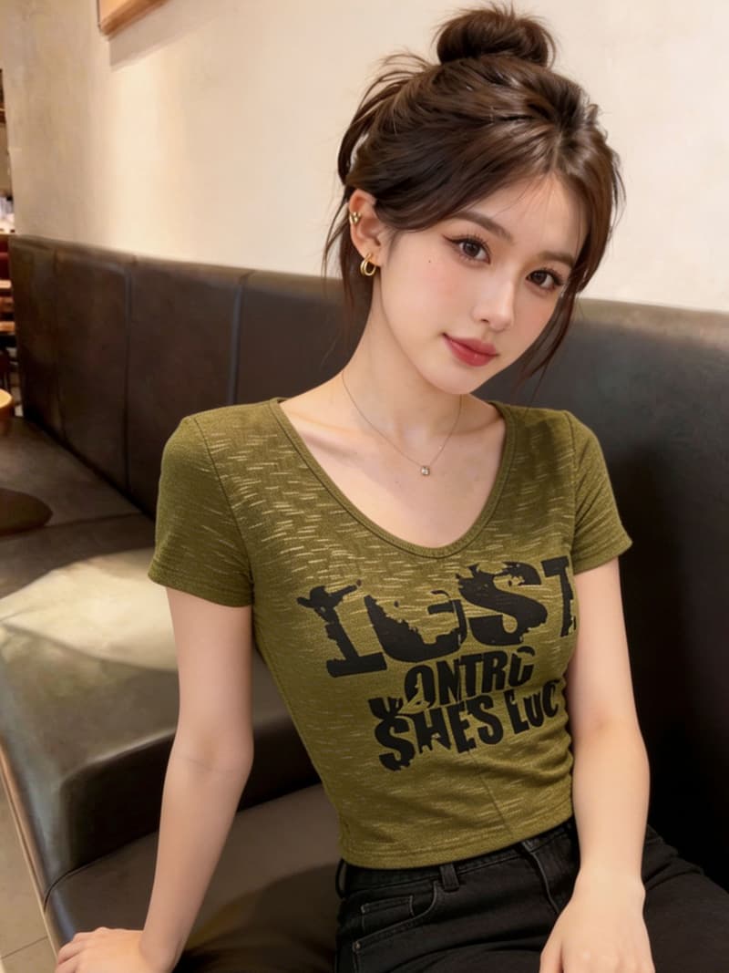 실사 2026 봄 여름 새로운 한국 스타일 V넥 반팔 티셔츠 여성 핫걸 레트로 알파벳 프린트 슬림해 보이는 맨위 여성 이미지 2