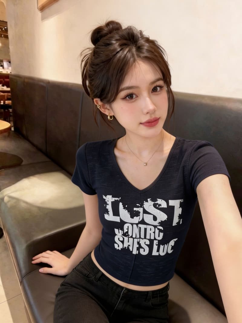 실사 2026 봄 여름 새로운 한국 스타일 V넥 반팔 티셔츠 여성 핫걸 레트로 알파벳 프린트 슬림해 보이는 맨위 여성 이미지 3