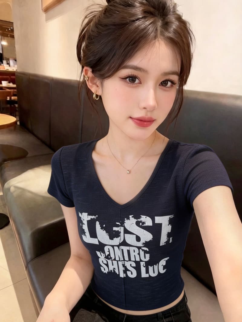 실사 2026 봄 여름 새로운 한국 스타일 V넥 반팔 티셔츠 여성 핫걸 레트로 알파벳 프린트 슬림해 보이는 맨위 여성 상세 이미지 7
