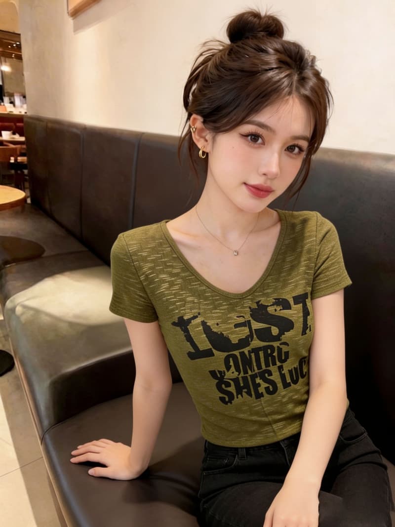 실사 2026 봄 여름 새로운 한국 스타일 V넥 반팔 티셔츠 여성 핫걸 레트로 알파벳 프린트 슬림해 보이는 맨위 여성 상세 이미지 26