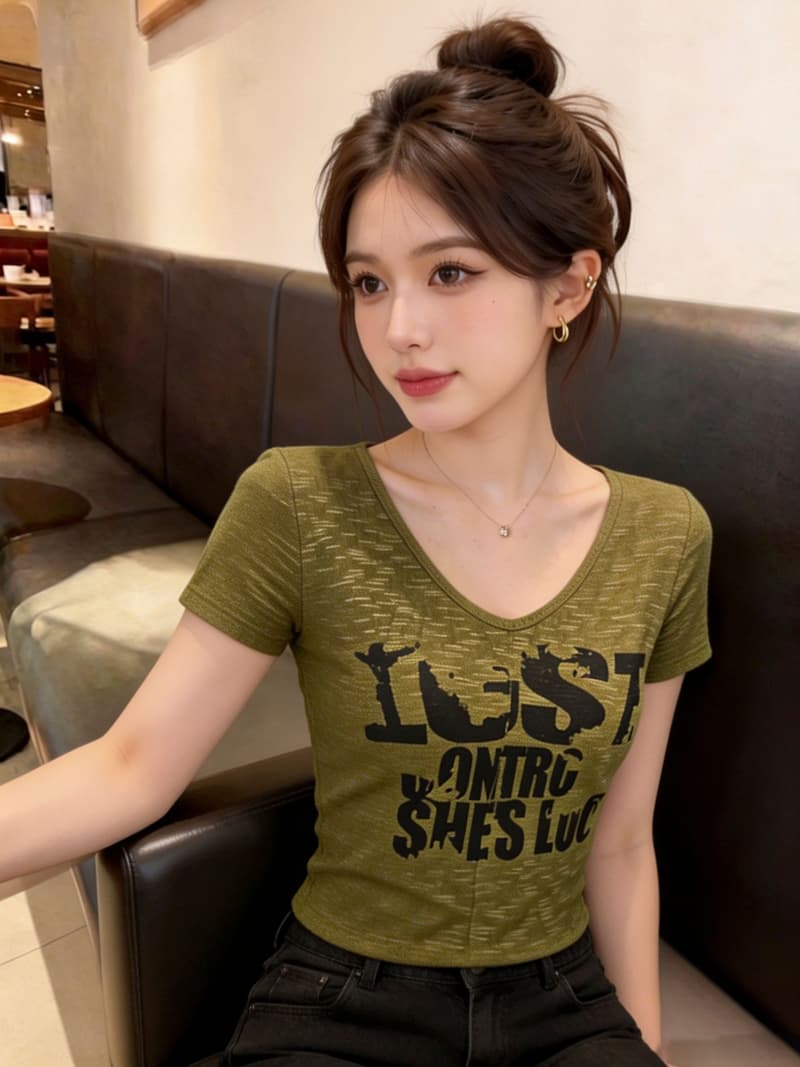 실사 2026 봄 여름 새로운 한국 스타일 V넥 반팔 티셔츠 여성 핫걸 레트로 알파벳 프린트 슬림해 보이는 맨위 여성 상세 이미지 28