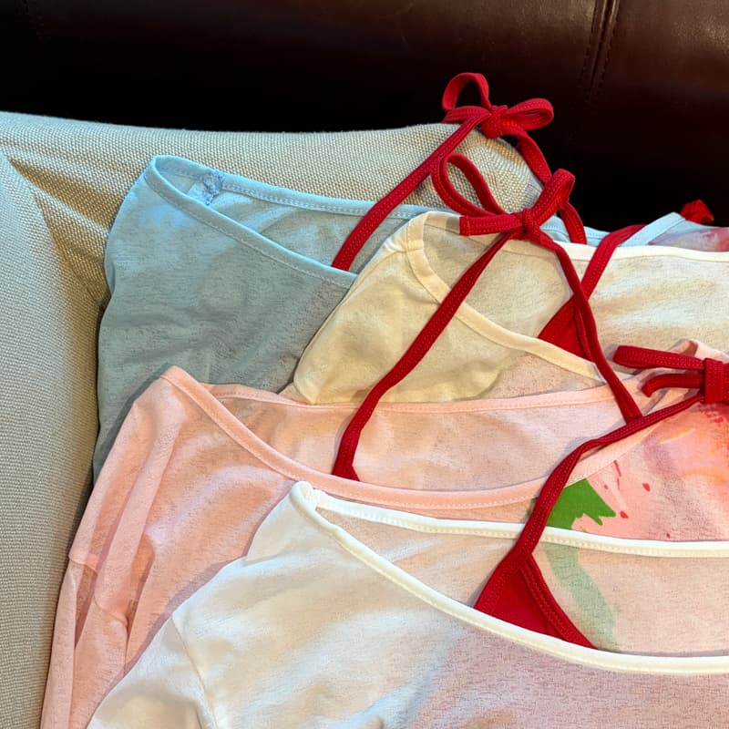 실사 행침 목 조끼 벨트 가슴 패드 투피스 세트 긴팔 티셔츠 여성 루즈핏 비스듬한 어깨 얇은 스타일 자외선 차단 블라우스 맨위 상세 이미지 5