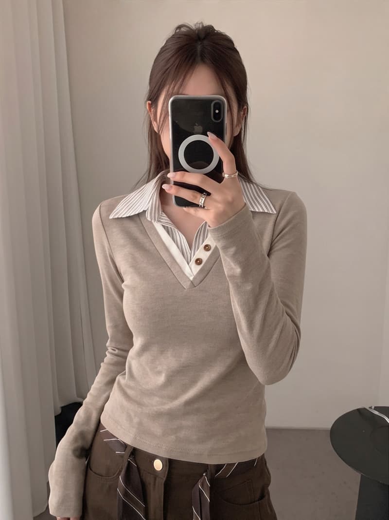 실사 2026 가을 한 바람 스트라이프 폴로 칼라 패치워크 페이크 레이어드 긴팔 티셔츠 벨트 어깨 패드 면 소재 맨위 여성 이미지 3