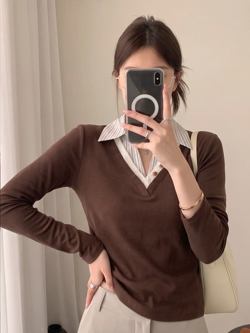 실사 2026 가을 한 바람 스트라이프 폴로 칼라 패치워크 페이크 레이어드 긴팔 티셔츠 벨트 어깨 패드 면 소재 맨위 여성 상세 이미지 7