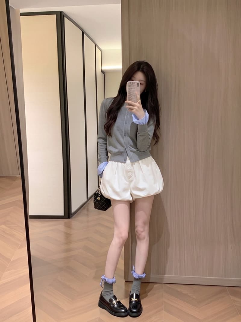실사 2026 가을 달콤함 단추 밴딩 하이웨이스트 한 마디 꽃밭 반바지 소녀 퍼프 배기 바지 워시 물 면 상세 이미지 17