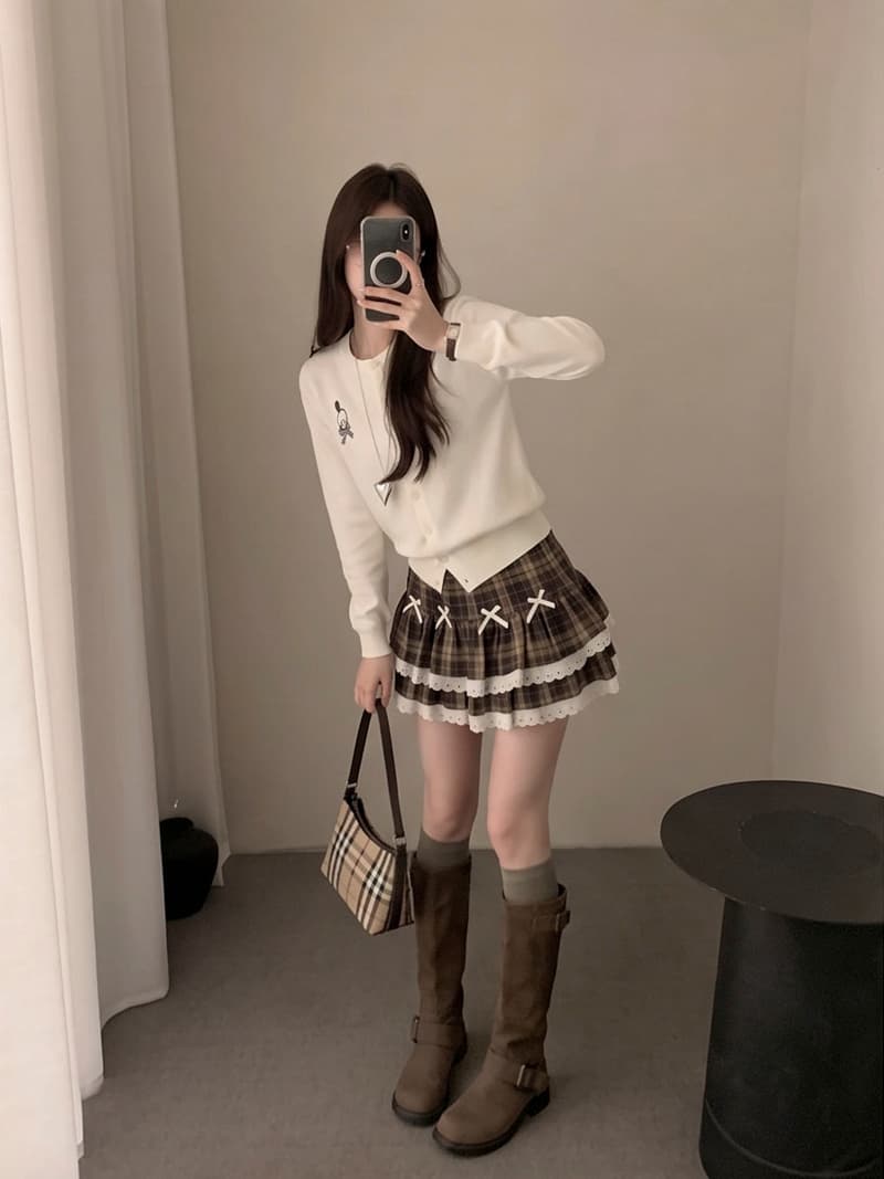 실사 가을 겨울 얇은 모직 원단 체크무늬 패치워크 레이스 케이크 드레스 퍼프 한 마디 반신 스커트 여성 상세 이미지 6