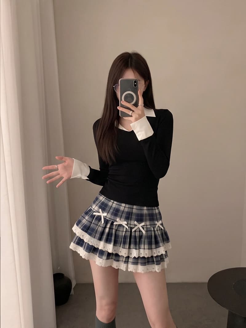 실사 가을 겨울 얇은 모직 원단 체크무늬 패치워크 레이스 케이크 드레스 퍼프 한 마디 반신 스커트 여성 상세 이미지 9
