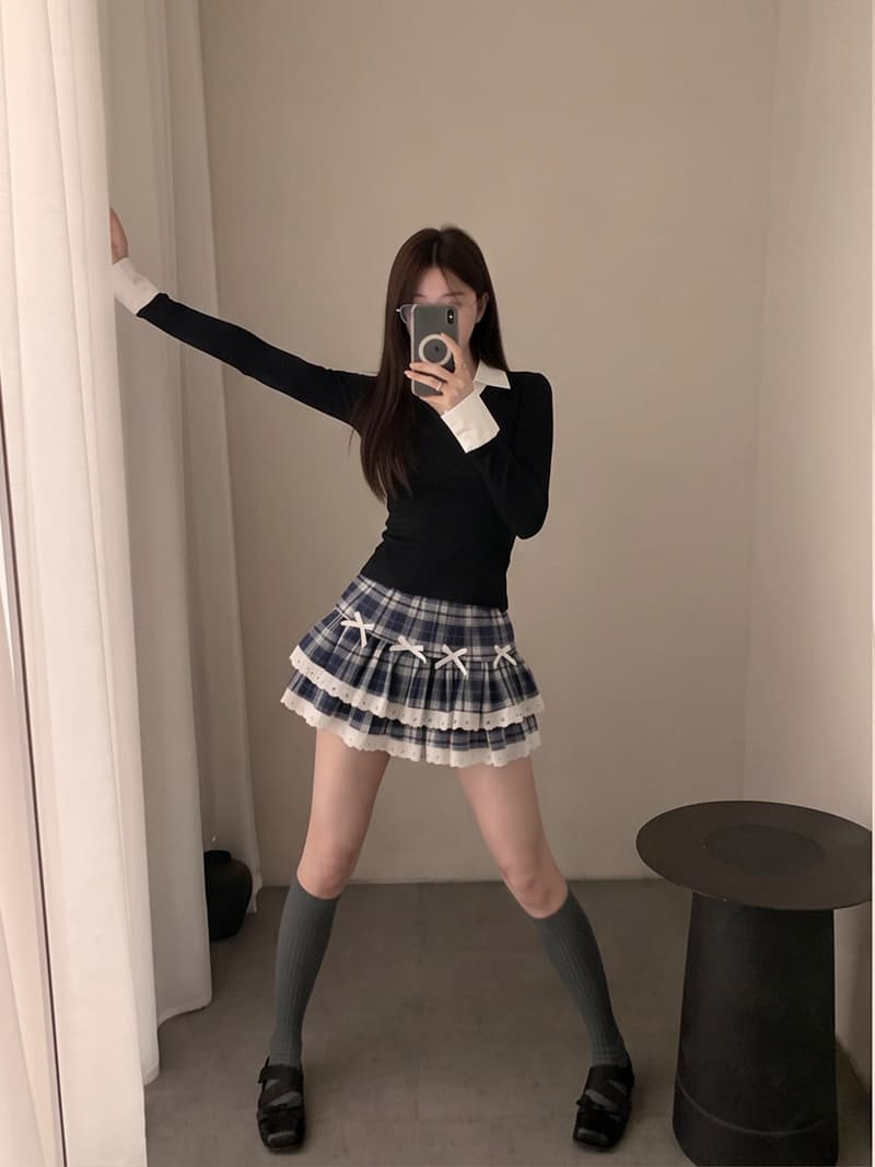 실사 가을 겨울 얇은 모직 원단 체크무늬 패치워크 레이스 케이크 드레스 퍼프 한 마디 반신 스커트 여성 상세 이미지 10