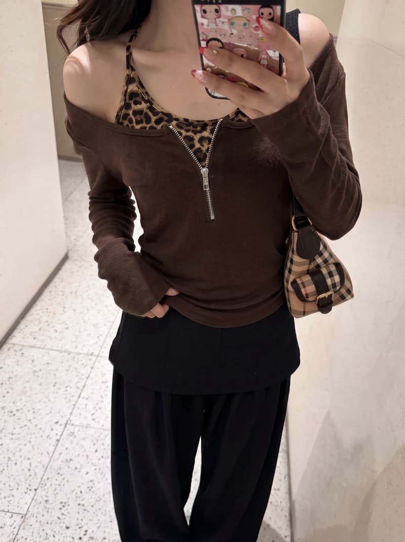 실사 가을 2026 새로운 레오파드 무늬 패치워크 행침 목 u 칼라 지퍼 페이크 레이어드 맨위 몸매 가꾸기 면 소재 맨위 상세 이미지 14
