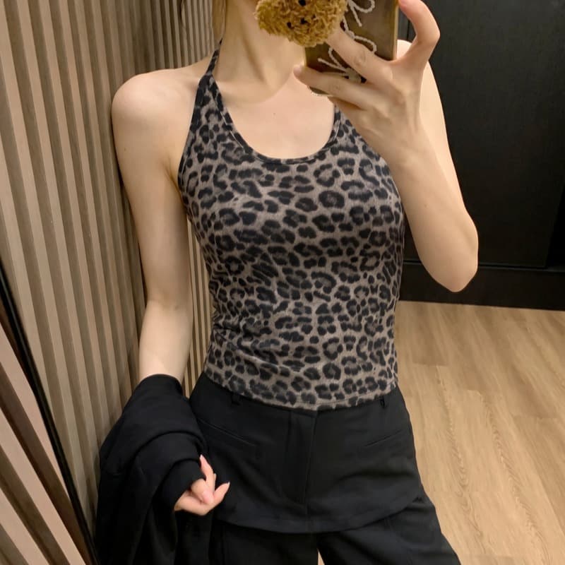 실사 핫걸 레오파드 무늬 행침 목 섹시함 캐미솔 긴팔 티셔츠 여성 투피스 세트 슬림해 보이는 쇼트 스타일 면 소재 맨위 이미지 6