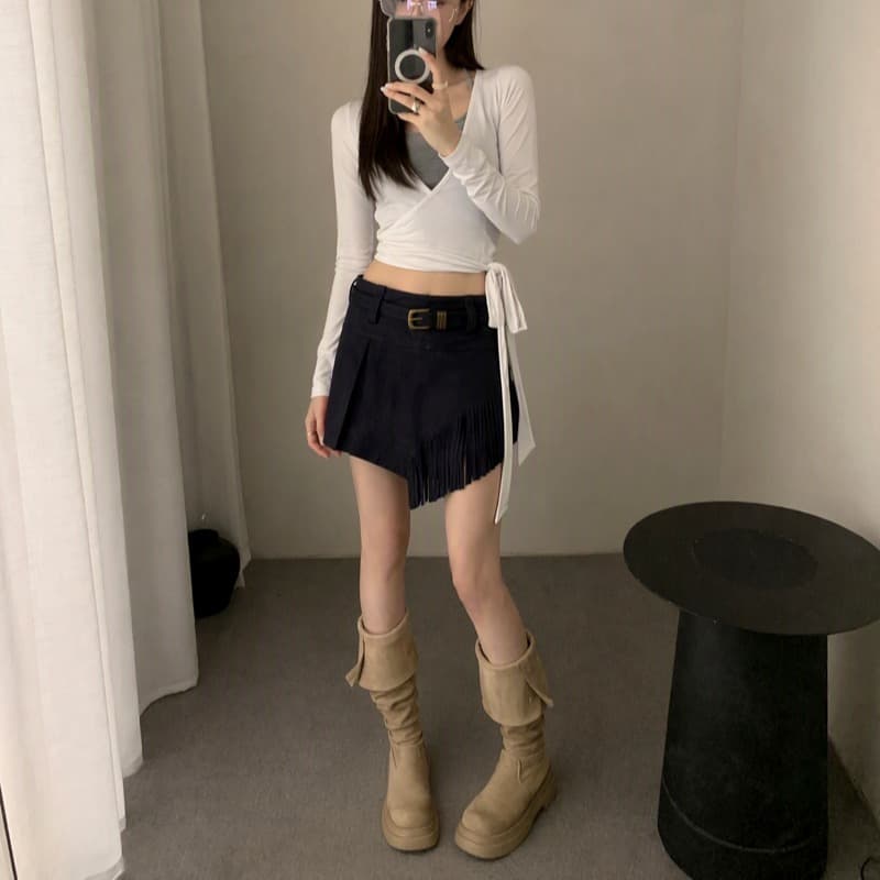 실사 아름다움 라드. 사슴 캐시미어 불규칙 술 미니 스커트 여성 가을 새로운 아메리칸 불모지 바람 타이트 스커트 반신 스커트 이미지 5