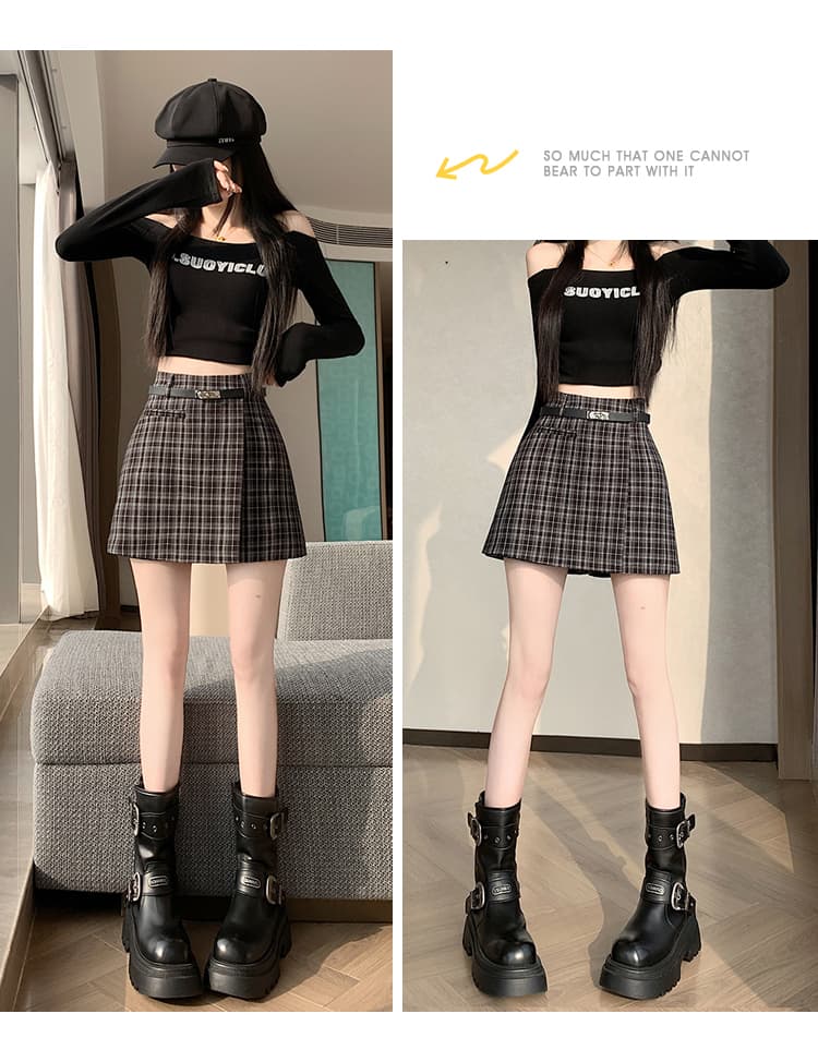 실사 2026 봄 슬림해 보이는 레트로 체크무늬 핫걸 불규칙 정장 한 마디 타이트 스커트 반신 스커트 치마바지 벨트 포함 상세 이미지 16