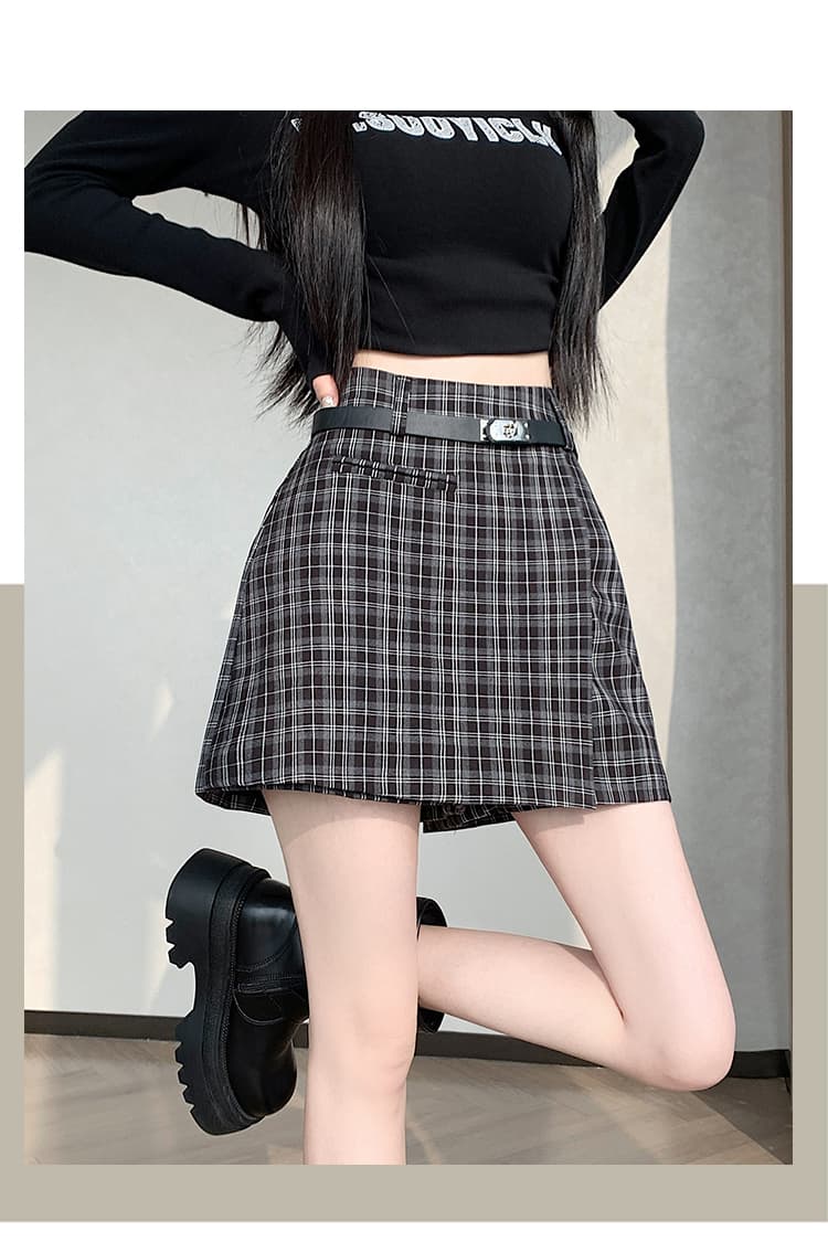 실사 2026 봄 슬림해 보이는 레트로 체크무늬 핫걸 불규칙 정장 한 마디 타이트 스커트 반신 스커트 치마바지 벨트 포함 상세 이미지 17