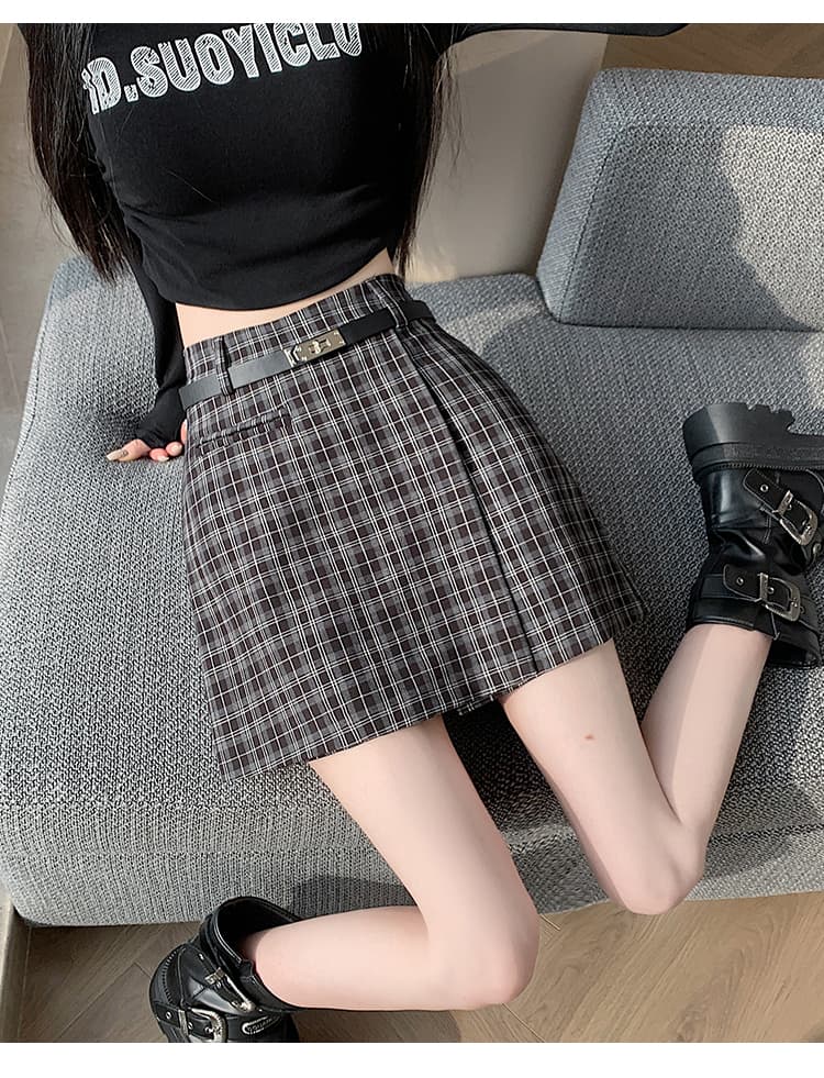 실사 2026 봄 슬림해 보이는 레트로 체크무늬 핫걸 불규칙 정장 한 마디 타이트 스커트 반신 스커트 치마바지 벨트 포함 상세 이미지 20