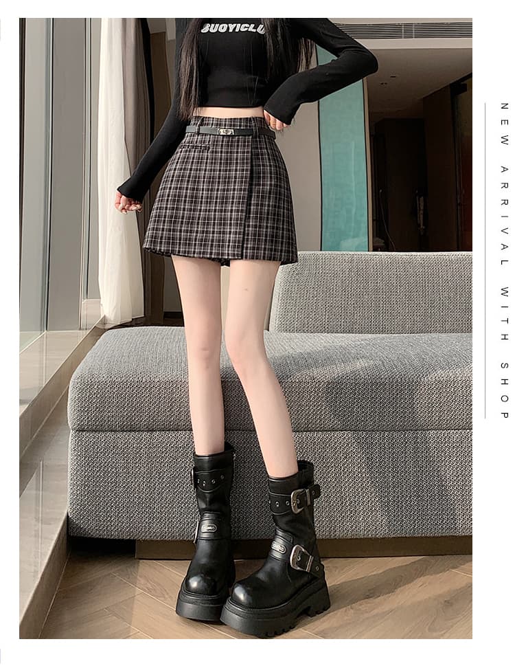 실사 2026 봄 슬림해 보이는 레트로 체크무늬 핫걸 불규칙 정장 한 마디 타이트 스커트 반신 스커트 치마바지 벨트 포함 상세 이미지 21