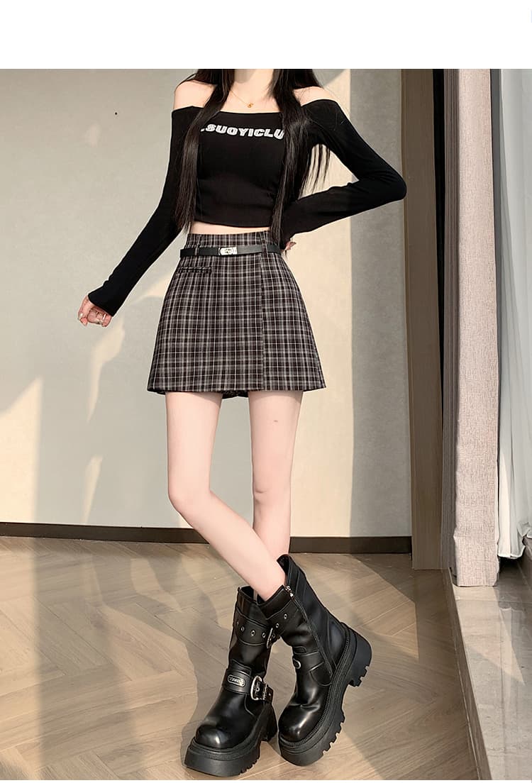 실사 2026 봄 슬림해 보이는 레트로 체크무늬 핫걸 불규칙 정장 한 마디 타이트 스커트 반신 스커트 치마바지 벨트 포함 상세 이미지 22