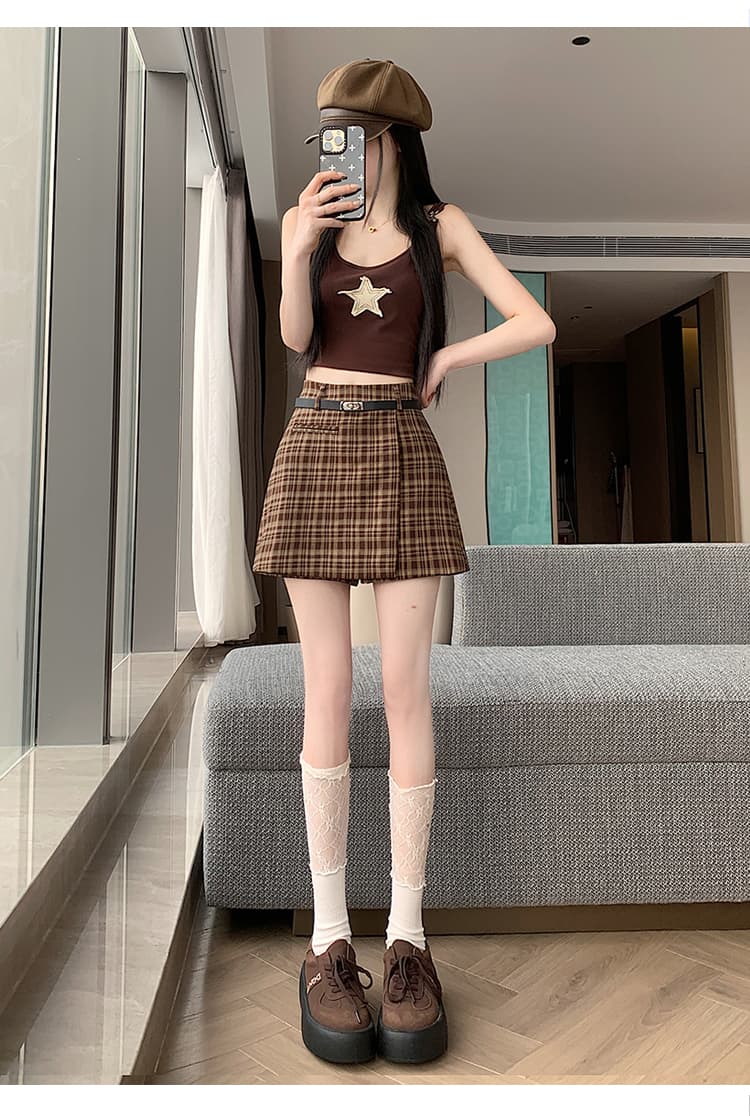 실사 2026 봄 슬림해 보이는 레트로 체크무늬 핫걸 불규칙 정장 한 마디 타이트 스커트 반신 스커트 치마바지 벨트 포함 상세 이미지 31