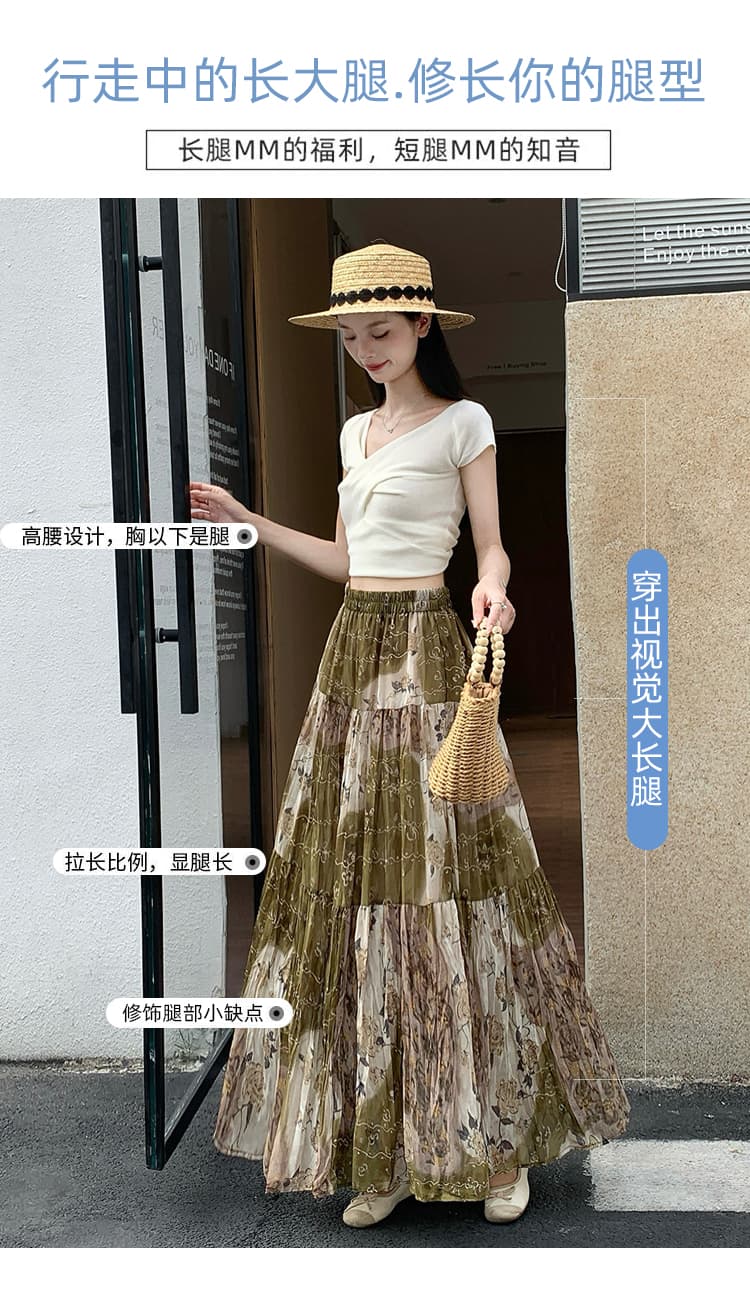 실사 2026 여름 허리밴드 표지 넓적 다리 슬림해 보이는 유화 프린트 플리츠 A라인 스커트 케이크 요정 쉬폰 롱 스커트 상세 이미지 9