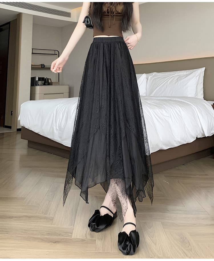 실사 2026 여름 부드러운 바람 표지 넓적 다리 슬림해 보이는 불규칙 레이스 조각 실 품질 한 마디 큰 진자 반신 스커트 롱 스커트 상세 이미지 40