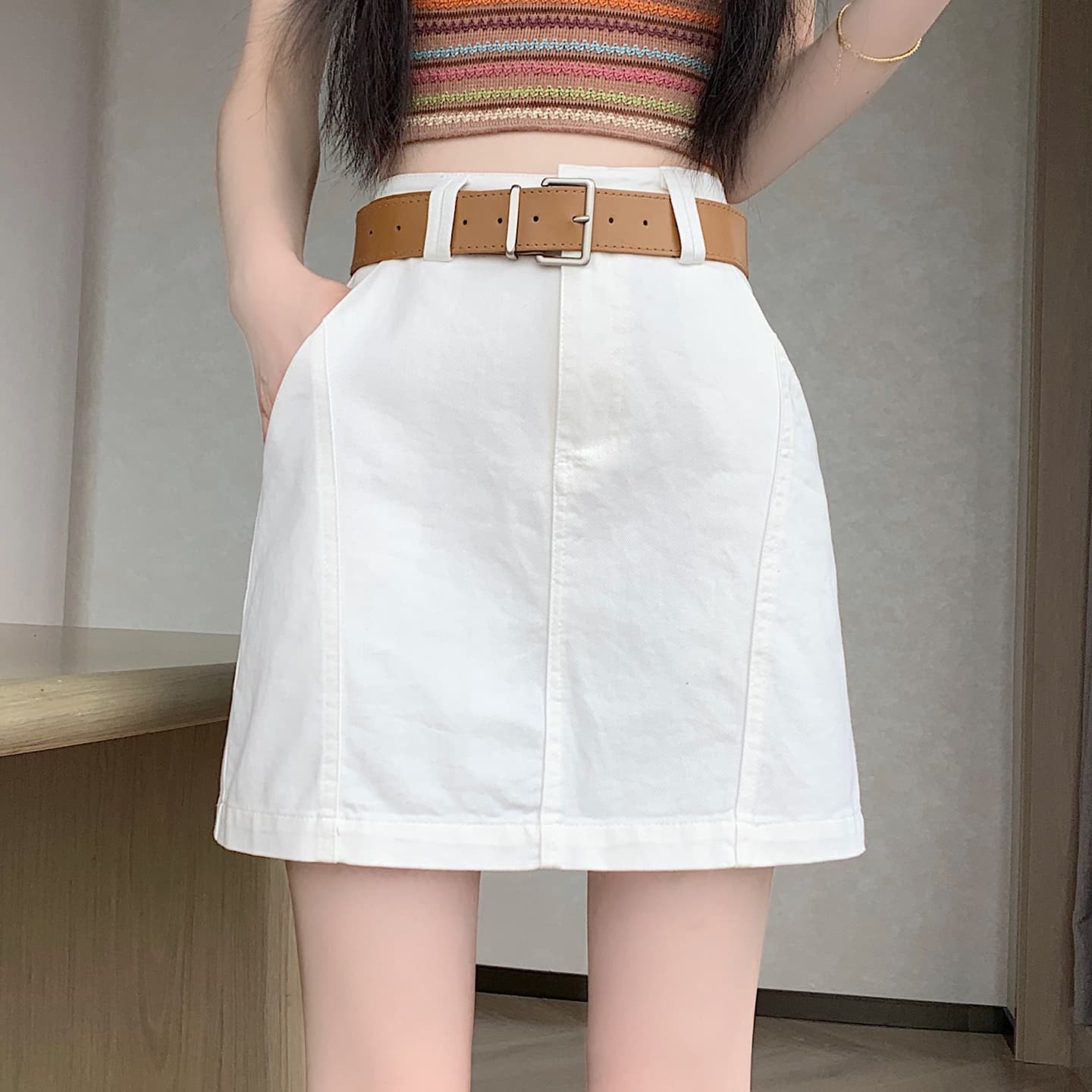 실사 2026 여름 한 부서 슬림해 보이는 달콤한 차가운 핫걸 워시 물 노출 방지 한 마디 반신 스커트 워크웨어 미니 스커트 벨트 포함 이미지 4