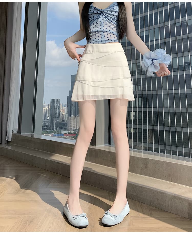 실사 2026 여름 프랑스식 낭만주의 계단식 프릴 패치워크 불규칙 노출 방지 한 마디 반신 스커트 미니 스커트 상세 이미지 17