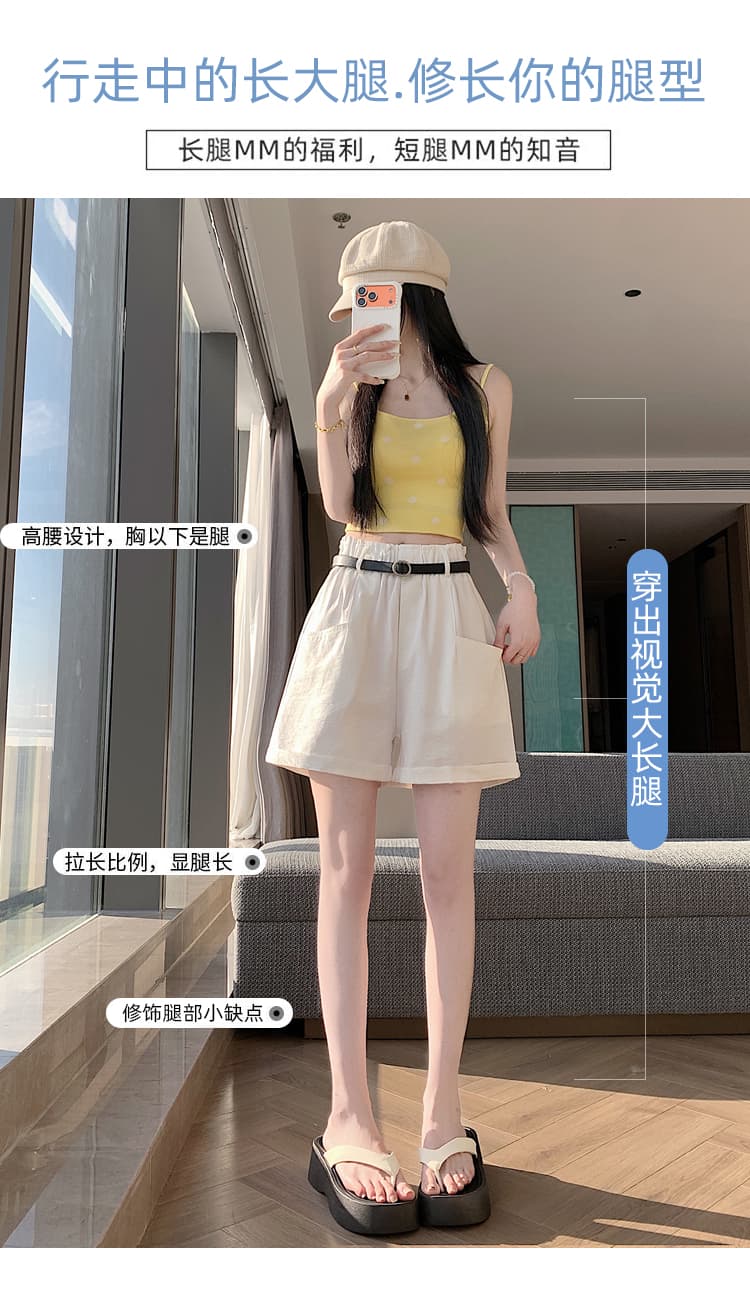실사 2026 여름 한국 스타일 하이웨이스트 슬림해 보이는 볼륨 측면 빅 포켓 워크웨어 반바지 출퇴근 넓은 다리 핫 바지 벨트 포함 상세 이미지 10
