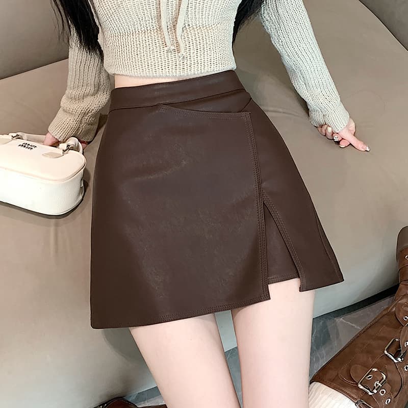 실사 2026 가을 아메리칸 레트로 핫걸 불규칙 pu 워시 물 소프트 스킨 노출 방지 한 마디 타이트 스커트 반신 미니 스커트 이미지 2
