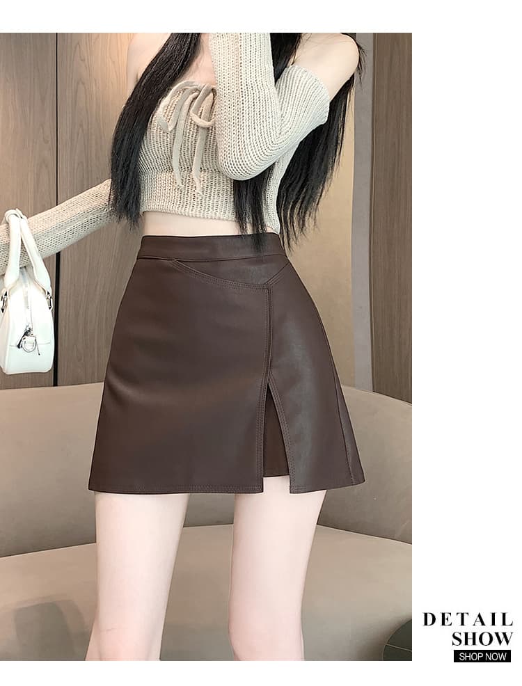 실사 2026 가을 아메리칸 레트로 핫걸 불규칙 pu 워시 물 소프트 스킨 노출 방지 한 마디 타이트 스커트 반신 미니 스커트 상세 이미지 22