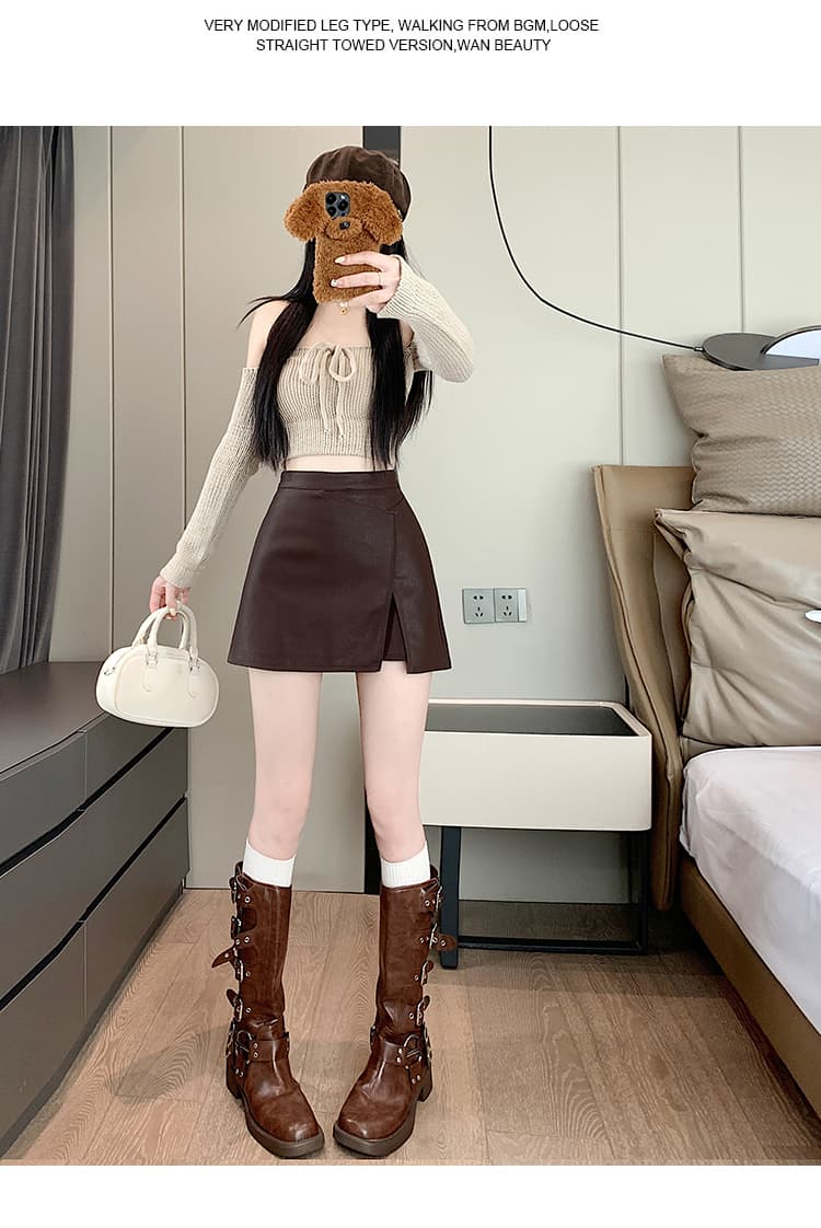 실사 2026 가을 아메리칸 레트로 핫걸 불규칙 pu 워시 물 소프트 스킨 노출 방지 한 마디 타이트 스커트 반신 미니 스커트 상세 이미지 24