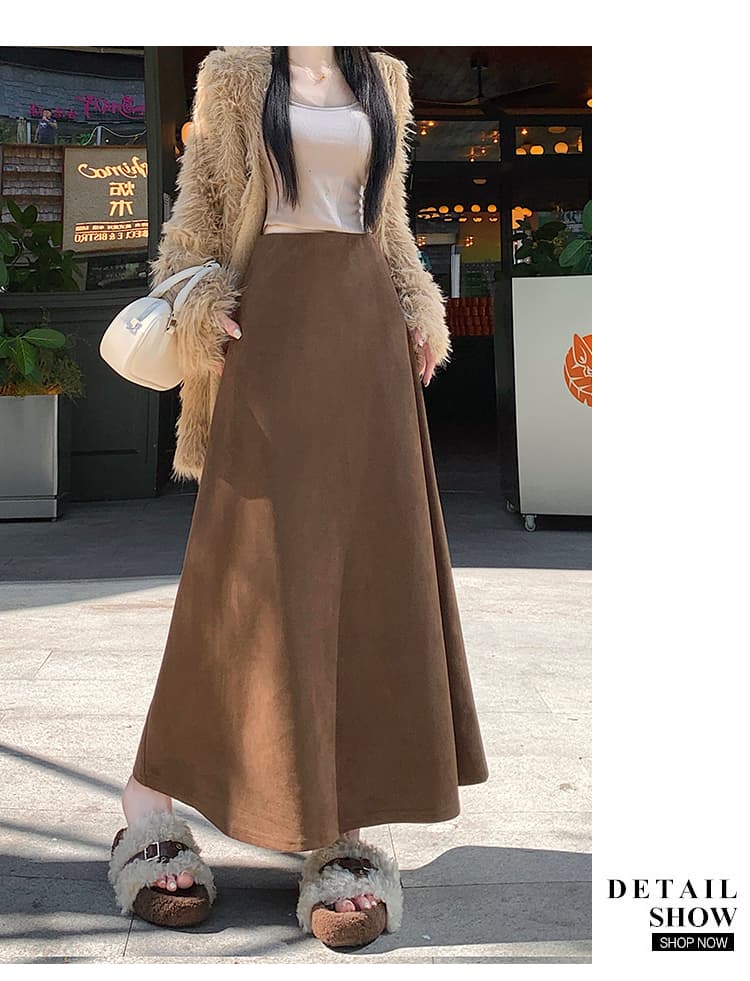 실사 2026 가을 겨울 한국 스타일 하이웨이스트 표지 넓적 다리 슬림해 보이는 무릎 아래 중간 길이 사슴 캐시미어 반신 스커트 큰 진자 우산 치마 상세 이미지 16