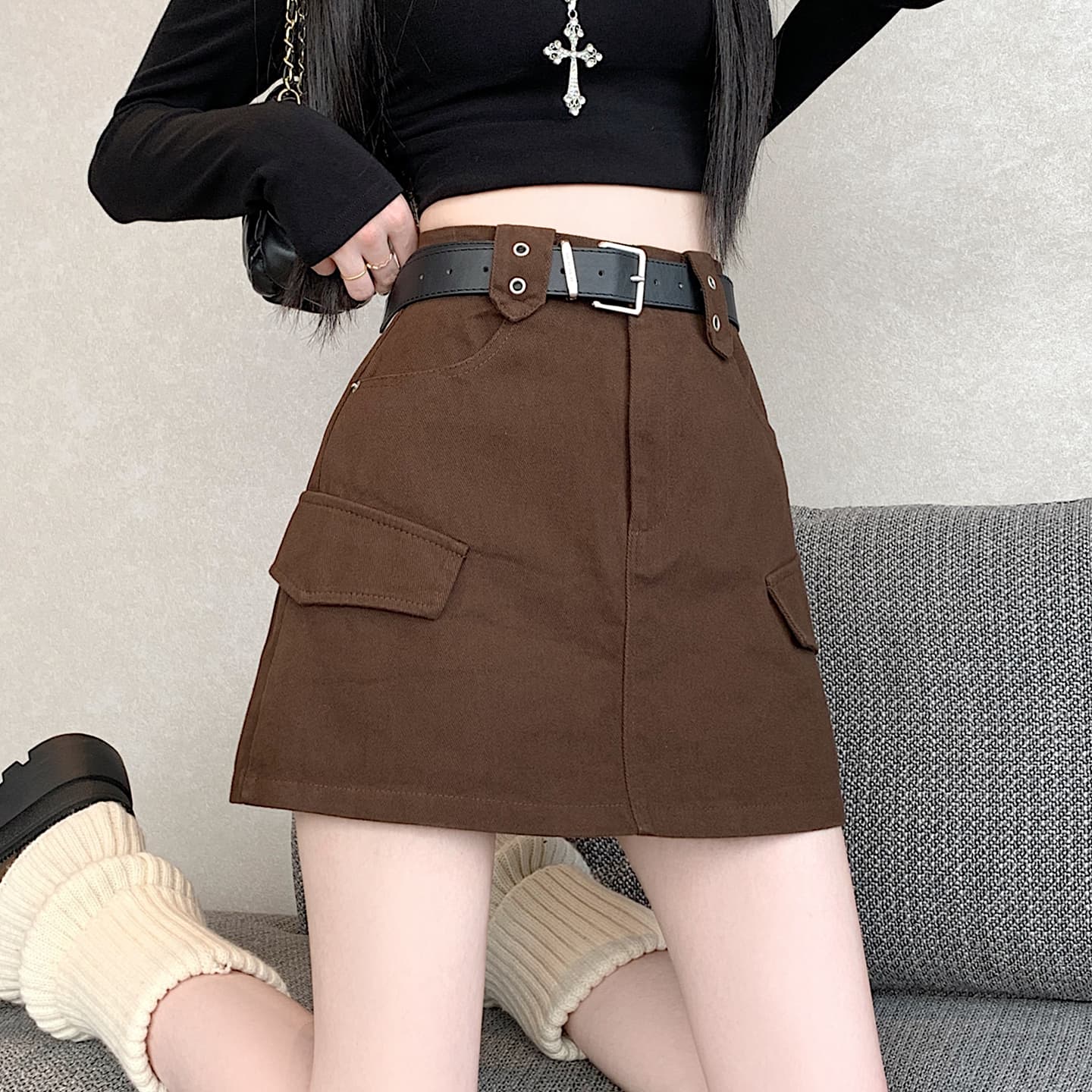 실사 2026 이른 가을 한국 스타일 달콤한 차가운 핫걸 노출 방지 워시 물 워크웨어 한 마디 반신 타이트 스커트 미니 스커트 벨트 포함 이미지 4