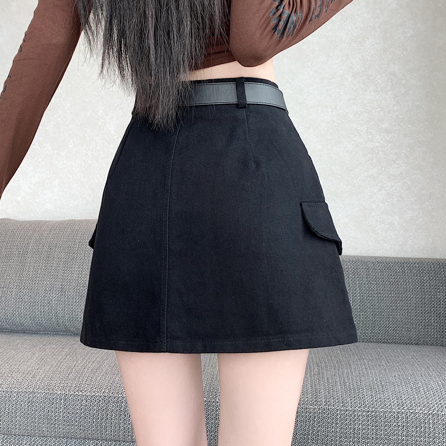 실사 2026 이른 가을 한국 스타일 달콤한 차가운 핫걸 노출 방지 워시 물 워크웨어 한 마디 반신 타이트 스커트 미니 스커트 벨트 포함 이미지 5