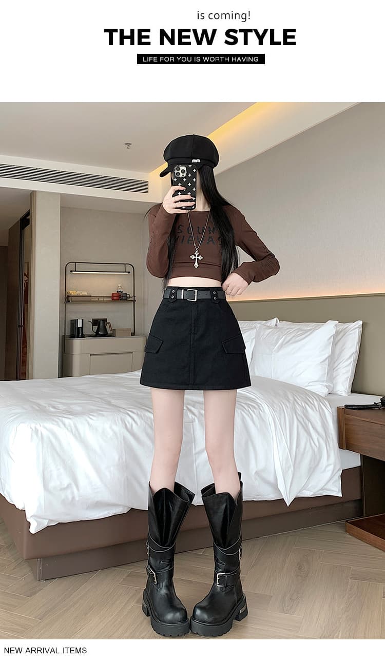 실사 2026 이른 가을 한국 스타일 달콤한 차가운 핫걸 노출 방지 워시 물 워크웨어 한 마디 반신 타이트 스커트 미니 스커트 벨트 포함 상세 이미지 28